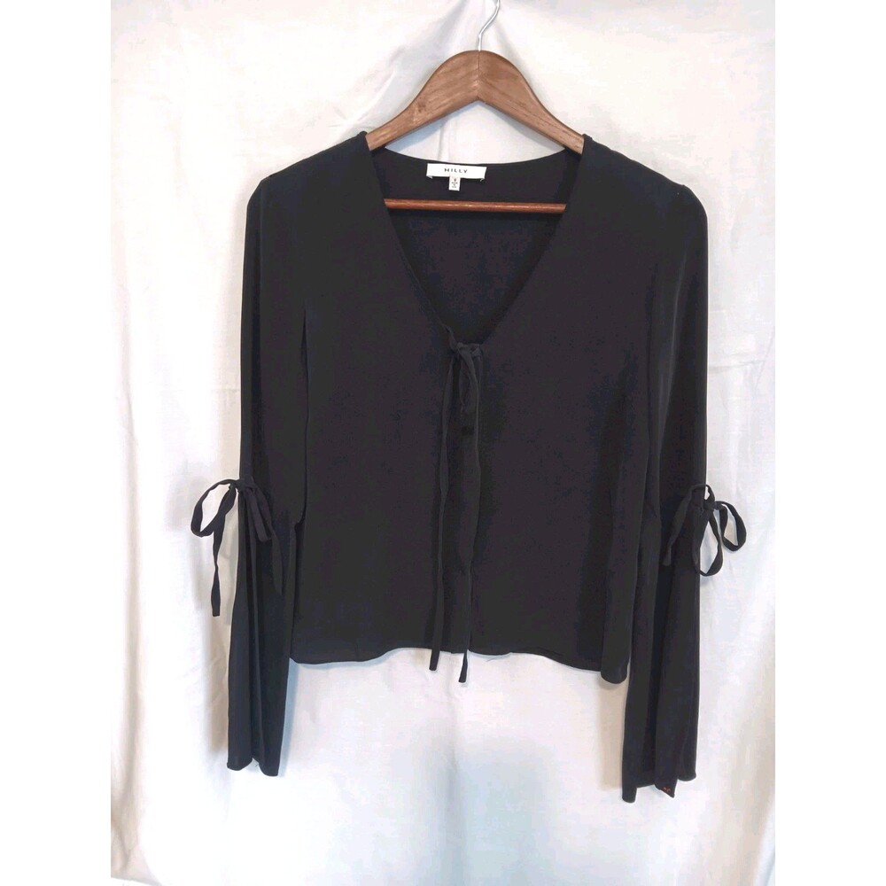 Milly Black Silk Blend Tie Button Front Bell Sleeve Blouse Top Size S Made USA
